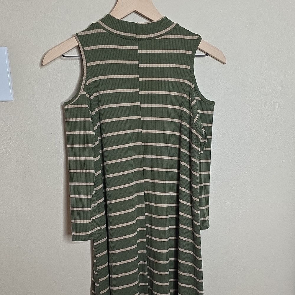 Hot Kiss Cold Shoulder Dress Olive Stripe Ribbed Bodycon Women’s Size Large Y2K - Picture 7 of 10